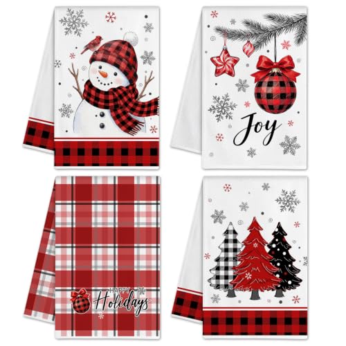 Christmas Kitchen Towels Set of 4 - Red Plaid Hand Towels for Holiday Decor - 16x23.5 Inch