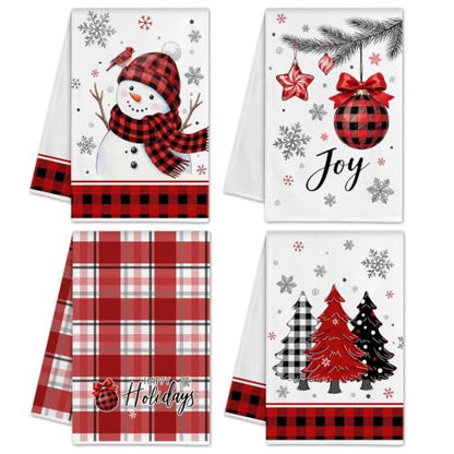 Christmas Kitchen Towels Set of 4 - Red Plaid Hand Towels for Holiday Decor - 16x23.5 Inch
