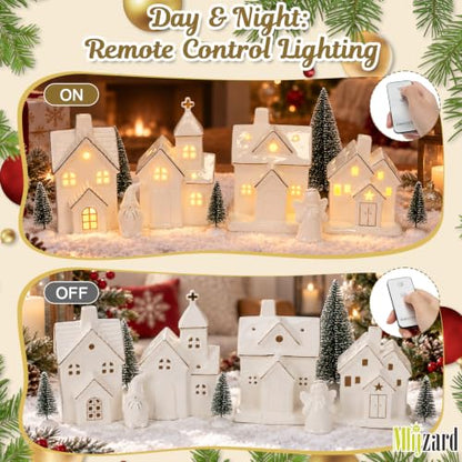 Ceramic Christmas Village Set with Lights and Figurines - Indoor Holiday Decor