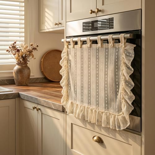Boho Beige Lace Oven Curtain with Tassels, 28x22 Inch Kitchen Skirt - Ruffled Diamond Design, Tab Top