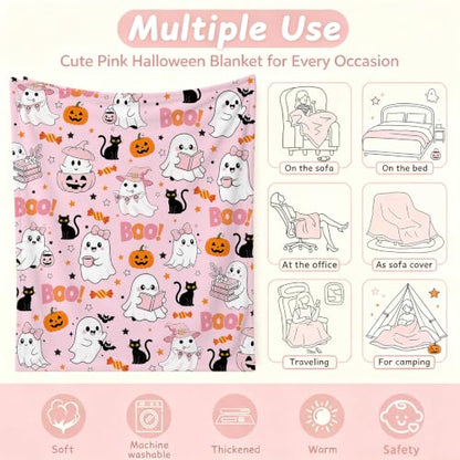 Pink Ghost Halloween Throw Blanket with Pumpkin & Black Cat Design - 50x60 Inches - Cozy Microfiber Decor