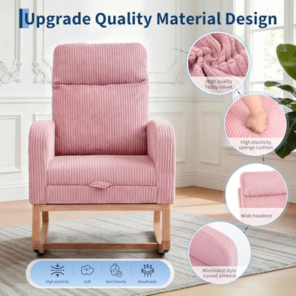 Pink Nursery Rocking Chair Glider with Footrest & Side Pockets – High Backrest, Solid Wood Legs