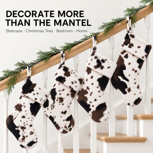 Cow Print Christmas Stockings Set of 5 - Faux Fur Farmhouse Holiday Decor - 20 Inch