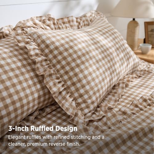 Bedsure Queen Size Gingham Bed Sheet Set with Ruffled Edges - Brown Farmhouse Style, 4 Piece