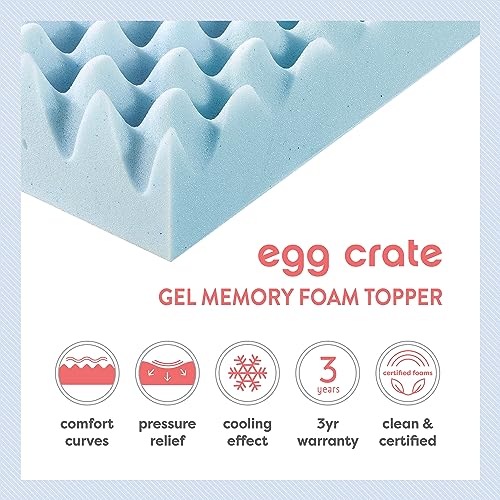 Best Price Mattress 4 Inch Egg Crate Memory Foam Mattress Topper with Cooling Gel Infusion, CertiPUR-US Certified, TwinXL Light Blue