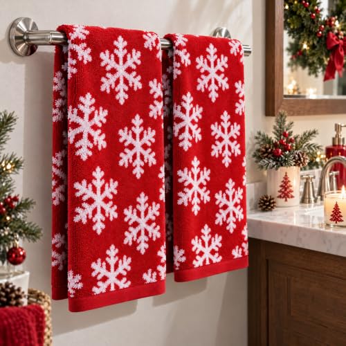 2pcs Christmas Snowflake Hand Towels Red White Seasonal Decor