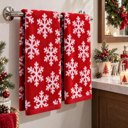 2pcs Christmas Snowflake Hand Towels Red White Seasonal Decor