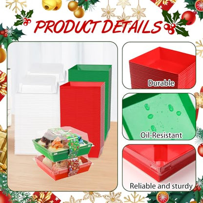 Christmas Charcuterie Boxes with Clear Lids & Stickers - Red Green 5.3x4.9x2.5 Inches, 100 Pack
