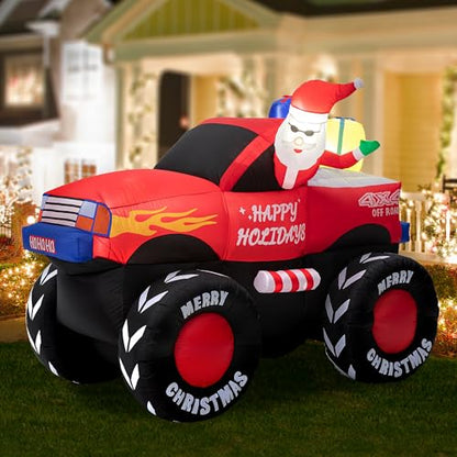 Inflatable Christmas Santa on Off-Road Pickup Truck Decor with Built-in LEDs - 7ft Holiday Yard Decoration