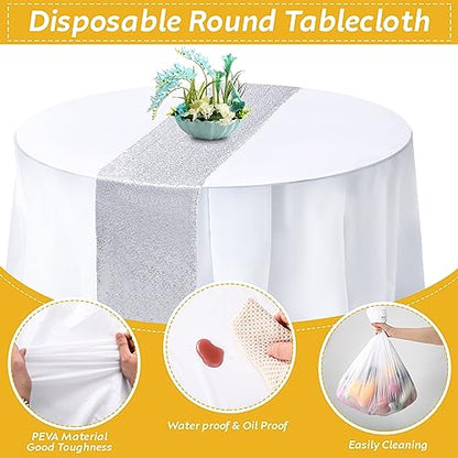 Silver and White Round Plastic Tablecloth & Sequin Runner Set - Party Decor