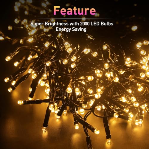 Outdoor Waterproof Christmas Tree Lights 2000 LEDs 66FT Warm White - Twinkle & Firecracker Effect, 8 Modes