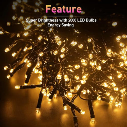 Outdoor Waterproof Christmas Tree Lights 2000 LEDs 66FT Warm White - Twinkle & Firecracker Effect, 8 Modes