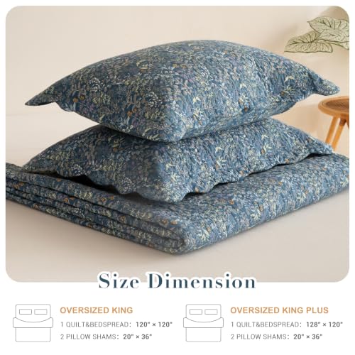 Navy Blue Floral Oversized King Bedspread 128x120 - Cotton Quilt Set