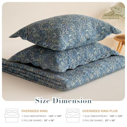Navy Blue Floral Oversized King Bedspread 128x120 - Cotton Quilt Set