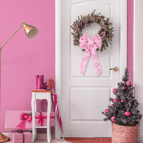 Pink Velvet Christmas Bow Set - Wired Snowflake Holiday Decorations, 6 Pcs