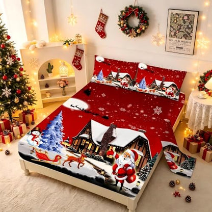 Merry Christmas Fitted Sheet Set Santa Deer Tree Snowman Queen Red & White