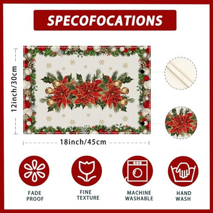 Christmas Poinsettias Leaves Bells Snowflakes Holiday Placemats Set of 4 12x18 Inch