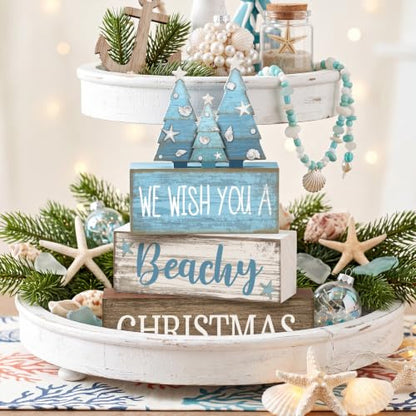 Coastal Christmas Table Decor - Blue Beachy Christmas Tree - 4 Pcs
