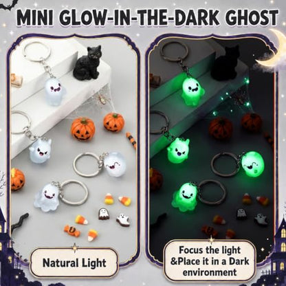 Halloween Ghost Keychains Bulk - Green Glow-in-Dark Set, 24 Pack