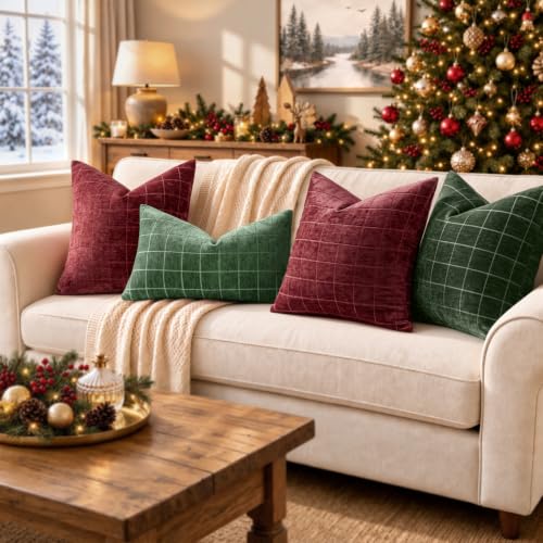 MIULEE Christmas Moss Green Plaid Decorative Lumbar Pillow Covers 20x12 Set of 2