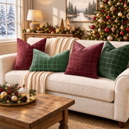 MIULEE Christmas Moss Green Plaid Decorative Lumbar Pillow Covers 20x12 Set of 2