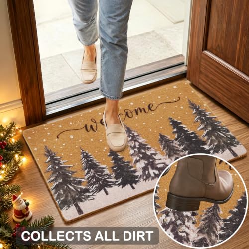 Snow Christmas Tree Door Mat 17x30 Inches - Heavy Duty Coir Welcome Mat