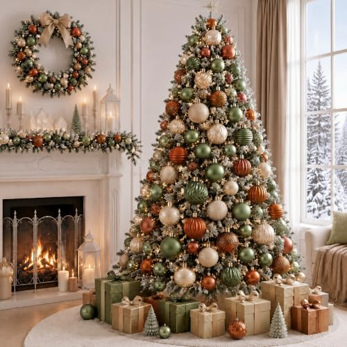 Lunmon 64 Pcs Earthy Christmas Ornaments Set - Olive Green, Bronze & Farmhouse Style