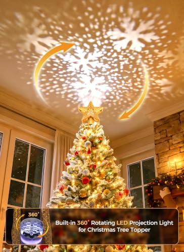Christmas Tree Topper with Snowflake Projector Light, Gold - Universal Fit
