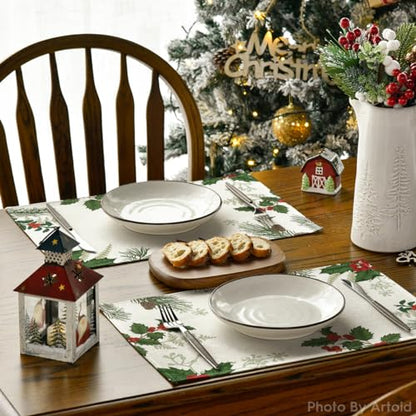 Christmas Holly Pine Cone Placemats Set of 4 - 12x18 Inch Seasonal Table Mats