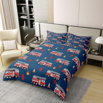 Navy Blue Full Size Fire Truck Duvet Cover Set - 100% Cotton Boys Girls Bedding