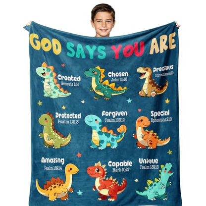 Baptism Dinosaur Blanket for Boys - Soft 40x50in Religious Gift with Bible Verses - Variation of Baptism-Dinosaur / 50x40in