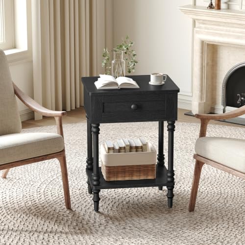 Nightstand with Drawer – Wooden Leg Bedside Table with Lower Shelf