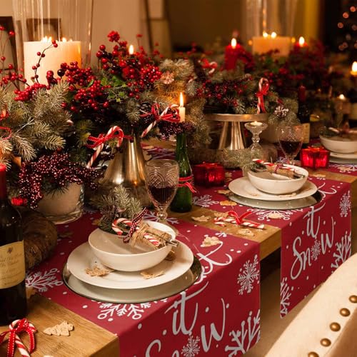 Christmas Table Runner Cotton Linen Let It Snow Decor 13 x 108 Inch - Orange Smearoud0993