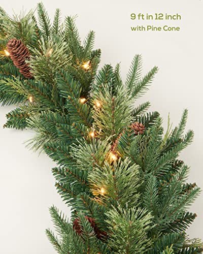 9Ft Pre-lit Christmas Garland with Pine Cones - Green PVC & PE, 50 Lights, Indoor Outdoor Holiday Decor
