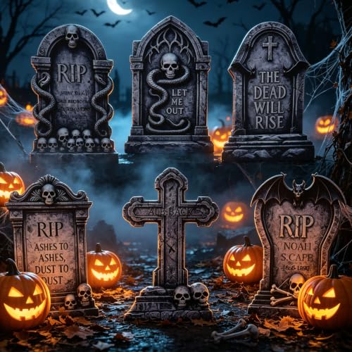 Halloween Tombstones Outdoor Graveyard Decorations 25.6 Inch - 6 Pack, Weatherproof Plastic Set - Spooky Yard Props with Stable Stakes