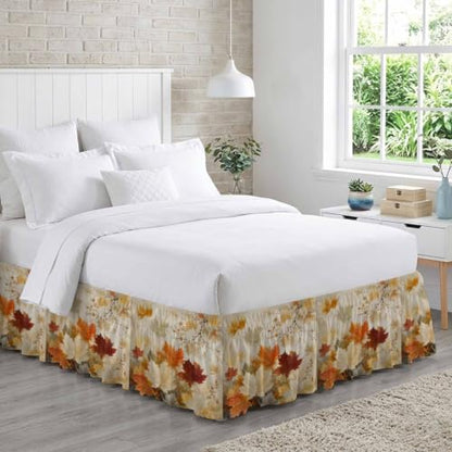 Queen Bed Skirt with Adjustable Elastic Fit Fall Maple Leaves Ruffle 16 Inch Drop