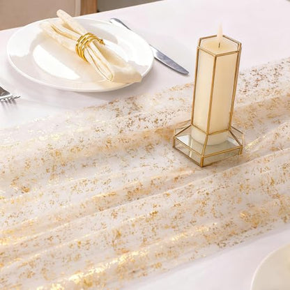 Gold Sheer Table Runner 10 Ft with Sequin Details - Birthday & Wedding Decor - Gold Variation