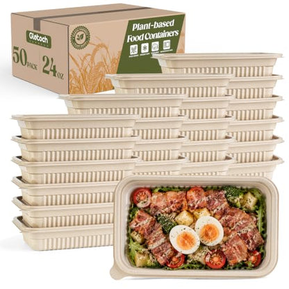Glotoch 50 Pack 24oz Disposable Meal Prep Containers with Lids - Plant-Based, Leakproof, Microwave & Freezer Safe