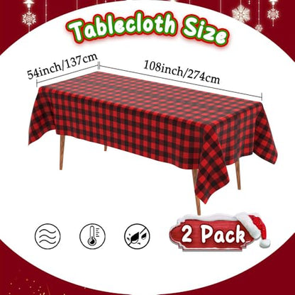 Red and Black Checkered Tablecloth Set - 2 pcs 108x54 Inch Disposable Waterproof Table Cover for Parties