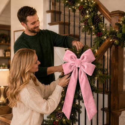 Pink Velvet Christmas Tree Topper Bow 15x30 Inches Holiday Decoration