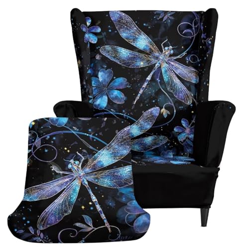 Dragonfly Floral Wingback Chair Cover, 2-Piece Stretch Slipcover for Sofa