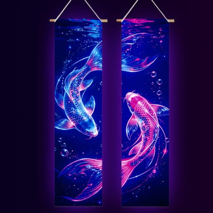 Blacklight Koi Fish Tapestry Set - UV Glow Wall Decor for Bedroom