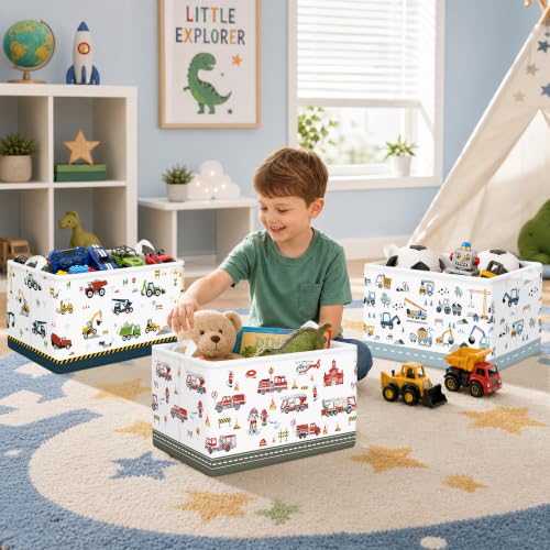 Kids Storage Basket Set of 3 with Fire Engine Design - Foldable Toy Organizer