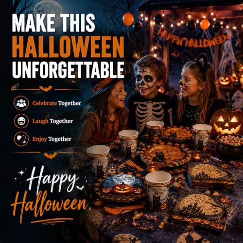 Halloween Party Supplies Set for 24 Guests - Plates, Napkins, Cups & Tablecloth