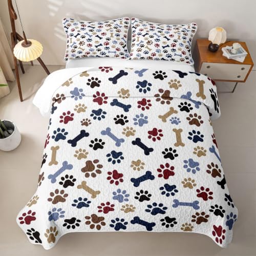 Navy Blue Brown Full Size Cartoon Paw Print Quilt Bedspread Set with Pillowcases