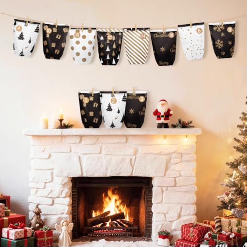 Christmas Advent Calendar Gift Bags Set with 24 Number Stickers & Wooden Clips