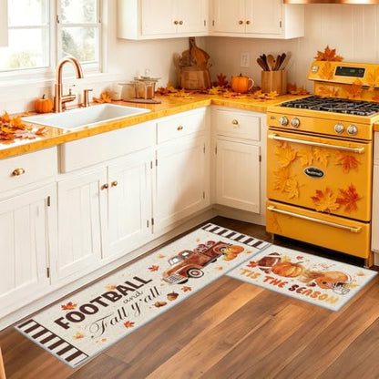 Fall Football Pumpkin Kitchen Rugs Set - 16x28 Inch, 2 Pieces