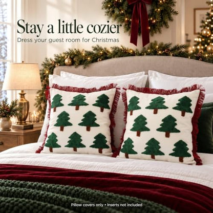 Christmas Pillow Covers Set of 2 - 18x18 Inch Tree Embroidered Throw Pillowcases with Tassels