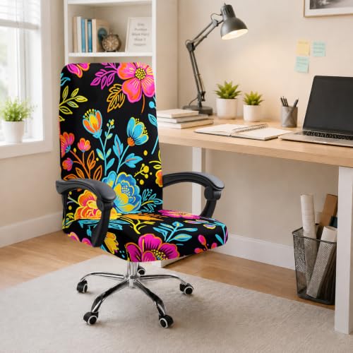 Boho Floral Stretch Office Chair Cover for High Back Desk Computer Chair - Vibrant Botanical Pattern