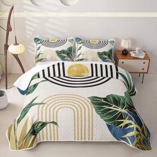 Boho Navy Blue and Green Quilt Set - Light Blue Abstract Bedspread, Queen Size